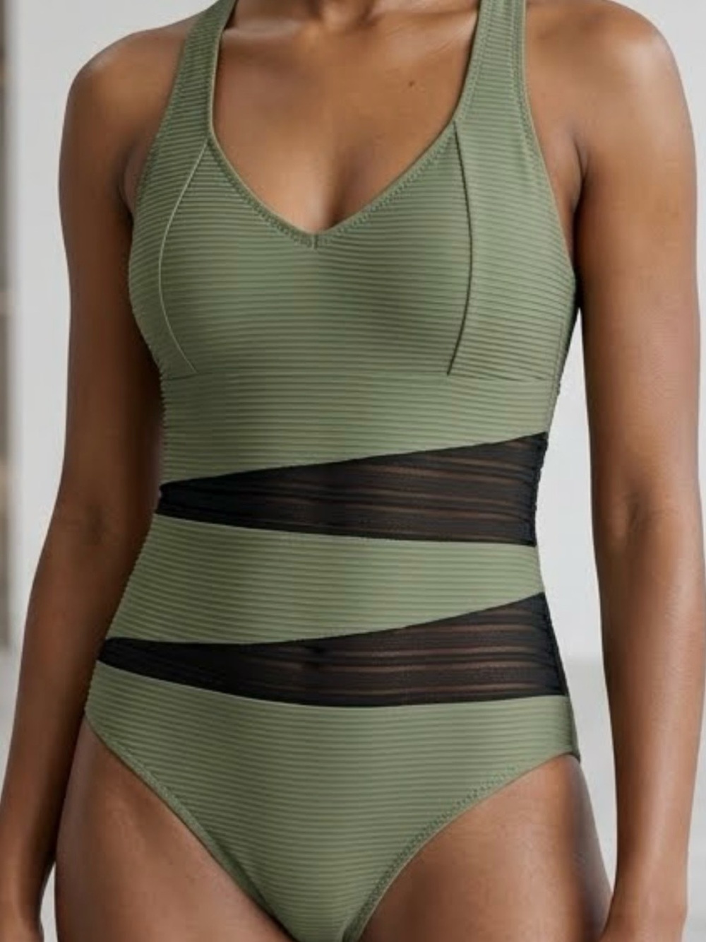 Cupshe One Piece Swimsuit Womens Sz Large Green Ruched Plunge Adjustable Straps